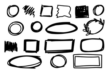 Hand drawn circle and square frame set in ink brush style.  Vector illustrations.