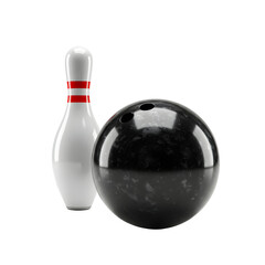 Glossy bowling ball and pin on transparent background