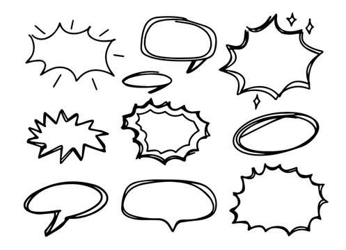 Hand drawn comic burst explosion and speech bubbles in black silhouettes. Doodle sketch style vector illustration.