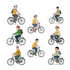 Set of Diverse Boys Riding Bicycles - Daily Life Cartoon Illustration