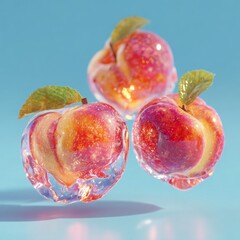 A trio of exquisite, ripe peaches suspended in captivating, sparkling clear resin, beautifully illuminated against a serene sky-blue, creating a delightful and refreshing visual art.