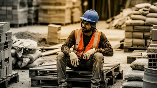 Exhausted construction worker taking a break during working hours, sitting on a wooden pallet at a construction site surrounded by building materials
