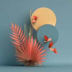 Dynamic Abstract Composition: Vibrant Coral Tropical Leaves Intertwined with Textured Geometric Circles and Elegant Golden Rods on a Soothing Teal Backdrop.