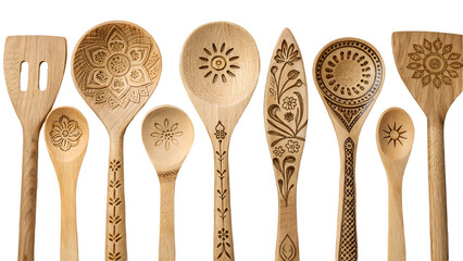 Collection of ten intricately carved wooden kitchen utensils with floral and sun motifs isolated on a transparent background