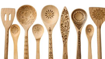 Collection of ten intricately carved wooden kitchen utensils with floral and sun motifs isolated on a transparent background