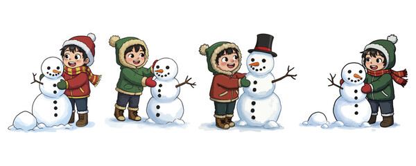 Fototapeta premium Cute Children Building a Snowman - Winter Holiday Cartoon Set