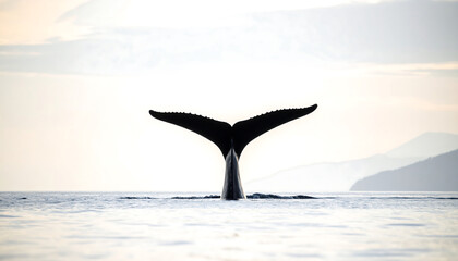 Fototapeta premium Whale Tail in the Ocean: Majestic whale tail breaking the surface of the vast ocean, bathed in soft light, offering a captivating view.