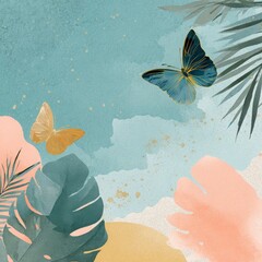 Elegant Bohemian Tropical Abstract Art with Golden Butterflies and Lush Foliage, featuring Teal, Peach, and Gold Textures for a Serene Modern Background Design.