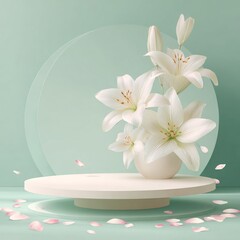 Elegant Spa Display: Pure White Lilies in a Vase on a Round Minimalist Podium, Complemented by a Serene Mint Green Backdrop and Delicate Pink Petals, Perfect for Natural Wellness Product Presentation.