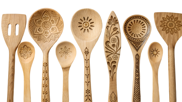 Collection of ten intricately carved wooden kitchen utensils with floral and sun motifs isolated on a transparent background