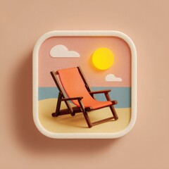 Idyllic 3D Beach Scene App Icon: Relaxing Orange Deck Chair on Sandy Shore with Blue Ocean and Bright Sun under a Textured Sky, Evoking Summer Travel and Vacation Bliss.