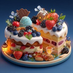 Indulge in a whimsical dessert dream: two exquisitely layered cakes adorned with fresh strawberries, blueberries, blackberries, cherries, delightful miniature houses, and glowing lanterns.