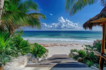 Beautiful walk up beach view from La Maison Manati Villa in Tulum during a sunny day, Walk up beach view at La Maison Manati Villa in Tulum, Mexico