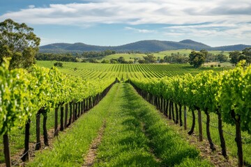 Fototapeta premium Rows of vibrant grape vines stretching across a vineyard in South Australia under a clear blue sky, Rows of grape vines on vineyard field in South Australia