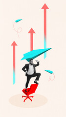 Pop-art collage. Confident man in a suit stands on a red office chair with a paper plane above his head and red arrows soaring upward. Concept of creative leadership, personal ambition