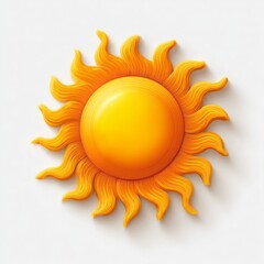 Vibrant 3D rendered illustration of a stylized golden sun with intricate, layered wavy rays, casting soft shadows on a clean white background, symbolizing warmth, energy, and radiant summer days.