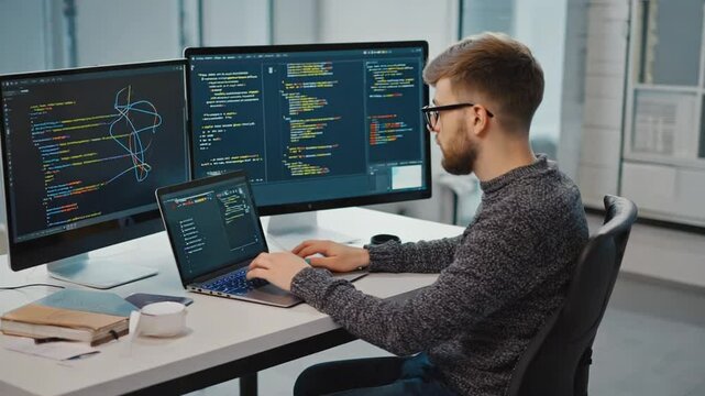 Man Coding on Laptop with Dual Monitors in Office Setting