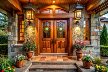 Arts & Crafts Style Oak Double Doors Entryway with Stained Glass & Stonework - Traditional Home Exterior