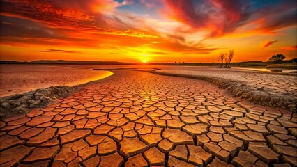 Drone View: Cracked Earth, Sunset Drought Landscape - Climate Change Impact