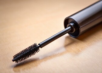 Minimalist Black Mascara Wand on Light Background with Product Testing Stains - Tilt-Shift Photography