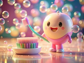 Pastel Cartoon Bathroom: Toothbrush Character Brushing Teeth with Soap Bubbles