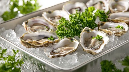 Freshly Shucked Oysters on Ice with Parsley Garnish and Chill