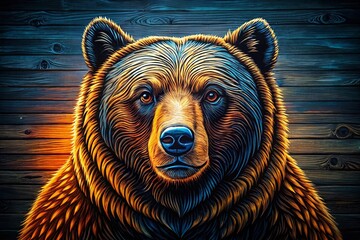 Night Photography: Hand-Printed Woodcut Bear, High Contrast, Dark Background, Graphic Art