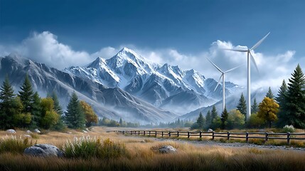 Wind turbines dot a serene Alpine mountain landscape with snow-capped peaks, green valleys, and a vast sky