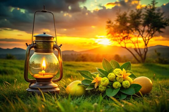 Romantic Sunset Still Life: Guava, Gardenias, and Oil Lamp on Grass - Powered by Adobe