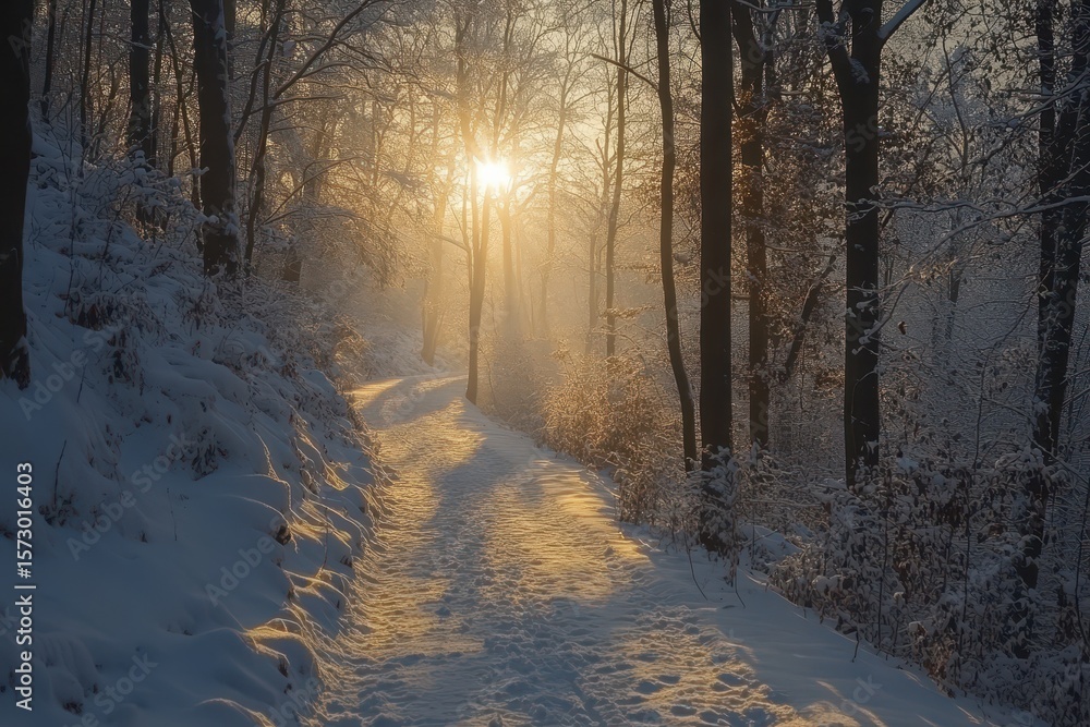 Aufkleber winter forest path with snow and sunlight filtering through trees during a tranquil afternoon stroll