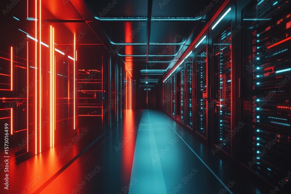 Poster modern data center featuring illuminated server racks and high tech aesthetics for enhanced digital 