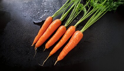 quatre carottes fraiches sur fond noir mouille avec gouttes dreau composition minimaliste en diagonale pour visuel culinaire vegetal ou nutrition sante