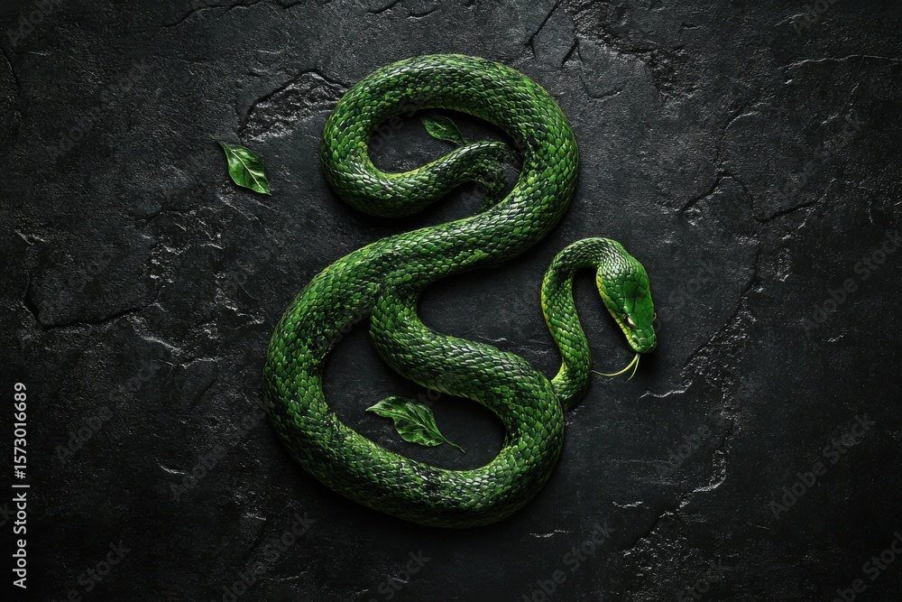 Poster green snake forming text against dark textured background with leaves, green snake forming text on a