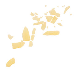 Flying Cheese crumbs isolated on white. Levitating cheese scattered pieces.  Cheese Explosion. Top view. Flat lay.