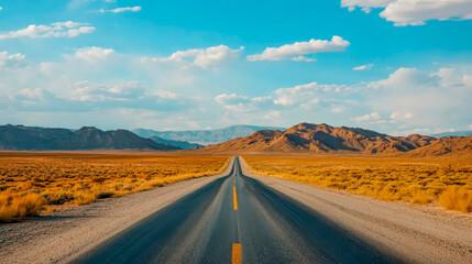Driving on a winding desert road, a vast expanse of dry terrain stretches into the horizon. The sun lights up the golden sands, inviting exploration and adventure. Nature unfolds in solitude