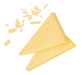 Flying Cheese triangle pieces isolated on white. Levitating cheese with crumbs.  Cheese Explosion. Top view. Flat lay.