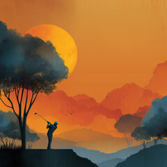 A man is playing golf in a beautiful landscape with a large orange sun in the background. The scene is serene and peaceful, with the man focused on his swing