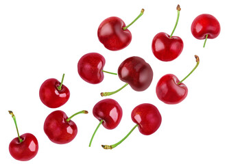 Red Cherries explosion isolated on white. Flying sweet cherry berries. Levitating. Top view. Flat lay. Pattern 