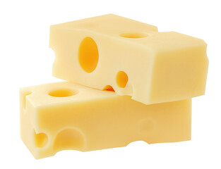 Cow's Cheese cubes isolated on white. Swiss holey maasdam cheese piece. Cheese chunks close up.