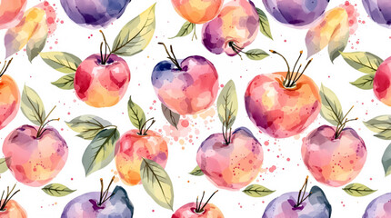 Watercolor peach seamless pattern, tropic fruits, leaves, flowers texture. Vector background illustration for summer cover, tropical wallpaper, vintage backdrop, wedding invitation, party design