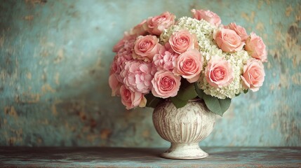 Pink roses and hydrangeas in urn, rustic background, wedding decor