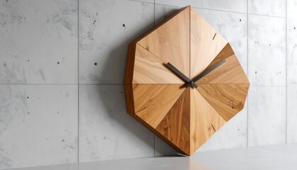 Geometric Wooden Clock on Concrete Wall Decor Time