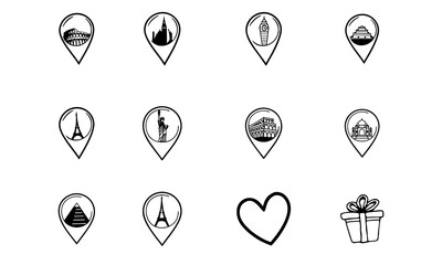 World Landmark Pin Icons – Hand-Drawn Travel Location Set

