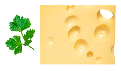 Cow's Cheese isolated on white. Swiss holey maasdam cheese piece. Cheese with parsley leaf close up.
