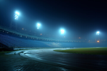 Stadium lights illuminate empty track and field night