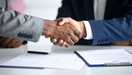Two businessmen shaking hands over a deal documents and pen visible on the desk