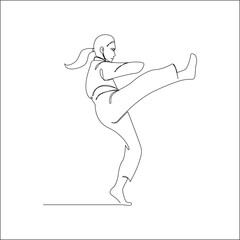 Minimalist line art of a martial artist performing a high kick, representing strength, balance, and focus in martial arts practice.