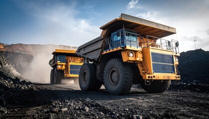 Two large yellow mining trucks driving on a dirt road with piles of coal and mountains in the background under a sunny