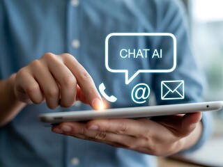 Person using tablet with chat ai communication icons technology