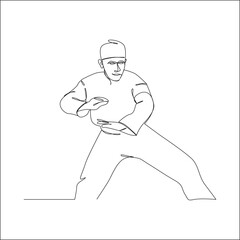 Minimalist line art of a male martial artist in a traditional stance, showcasing a defensive pose in pencak silat or similar martial arts form.